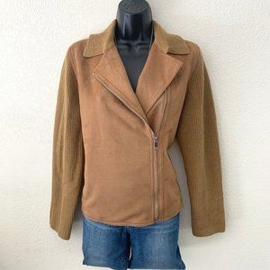 ANN TAYLOR CAMEL FAUX SUEDE MOTO SWEATER JACKET SIZE M NEW $158 packable 🆕